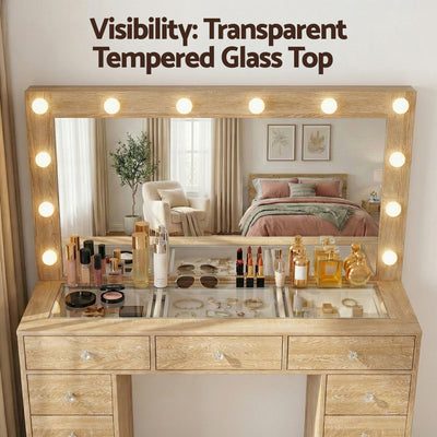 Dressing Table Vanity Desk Set Stool LED Bulbs Wood with transparent glass top, makeup mirror, and multiple drawers in bedroom setting
