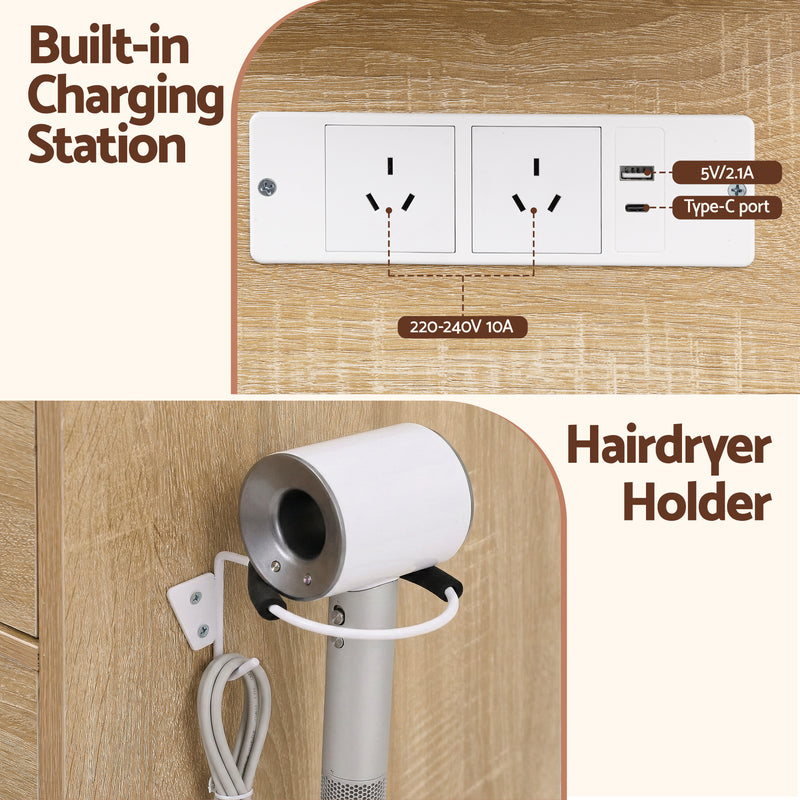 Dressing Table Vanity Desk Set Stool LED Bulbs Wood showing built-in charging station and hairdryer holder features