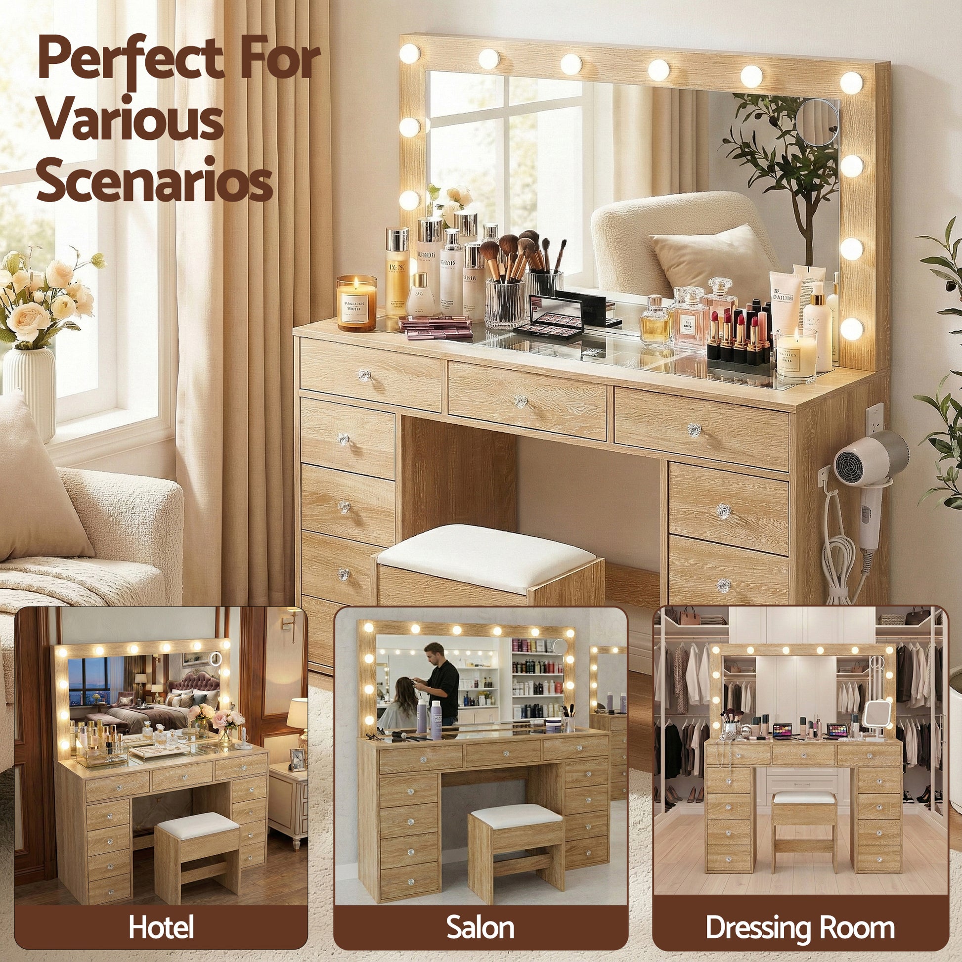Dressing Table Vanity Desk Set Stool LED Bulbs Wood with large mirror, wood drawers, and cushioned stool in bedroom setting