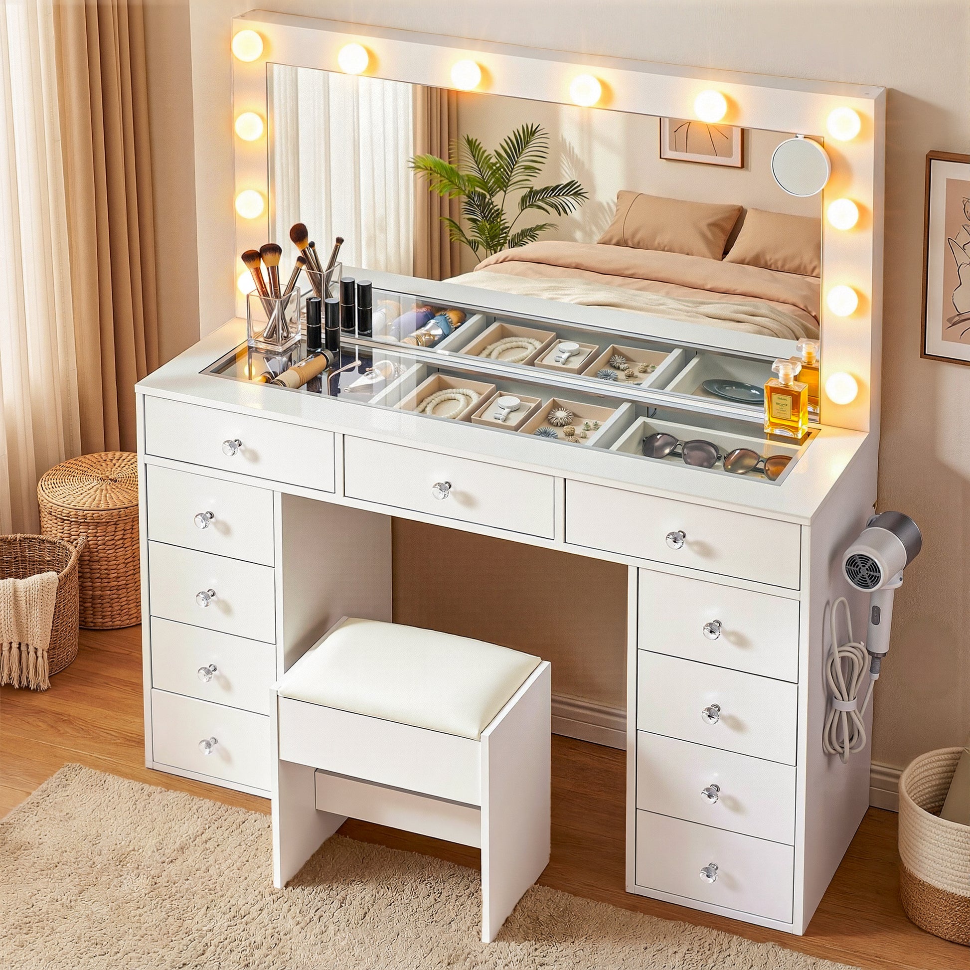 Dressing Table Vanity Desk Set Stool LED Bulbs White with multiple drawers, glass top organizer, and Hollywood-style mirror lighting