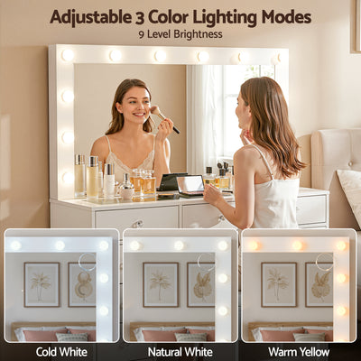 Dressing Table Vanity Desk Set Stool LED Bulbs White with adjustable 3 color lighting modes and 9 brightness levels in bedroom setting