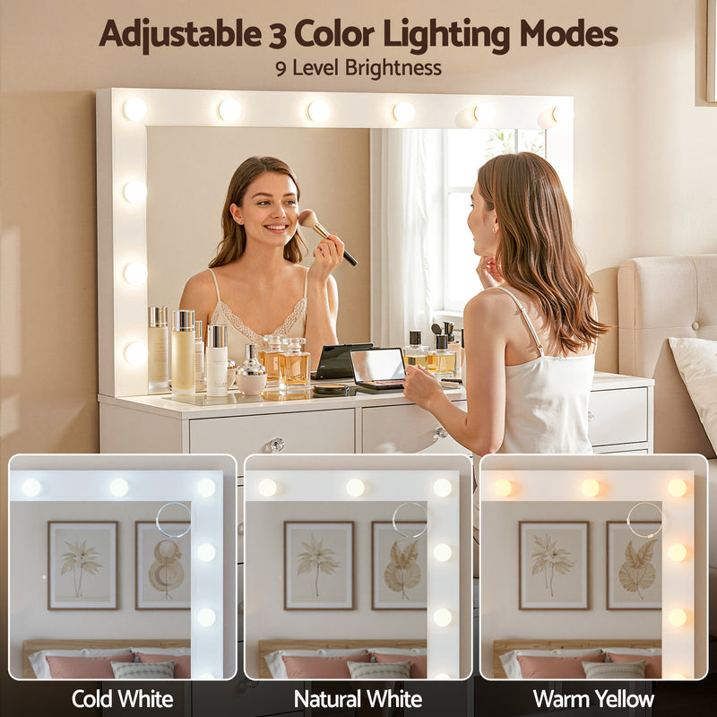 Dressing Table Vanity Desk Set Stool LED Bulbs White with adjustable 3 color lighting modes and 9 brightness levels in bedroom setting