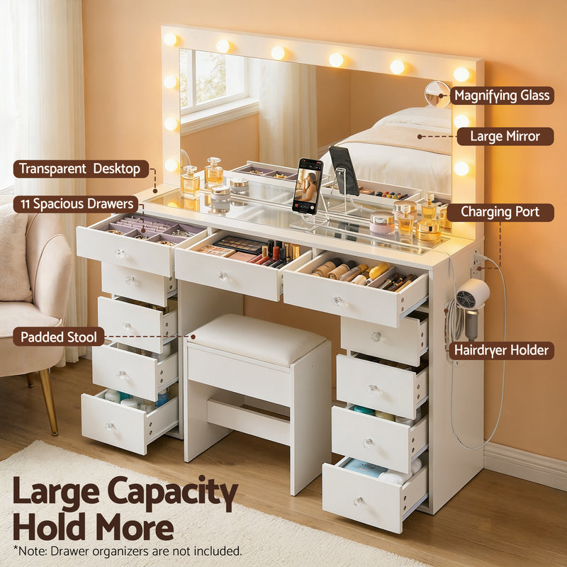Dressing Table Vanity Desk Set Stool LED Bulbs White with large mirror, 11 drawers, padded stool, and charging port