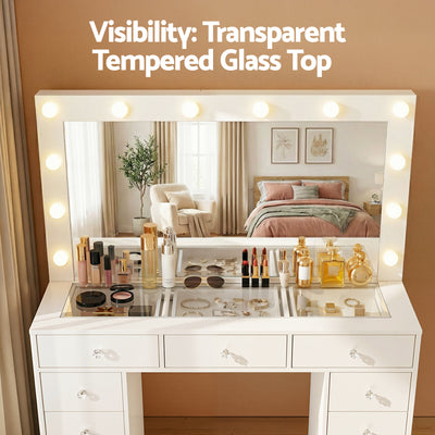 Dressing Table Vanity Desk Set Stool LED Bulbs White with glass top, makeup mirror, and storage drawers in bedroom setting