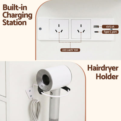 Dressing Table Vanity Desk Set Stool LED Bulbs White with built-in charging station and wall-mounted hairdryer holder