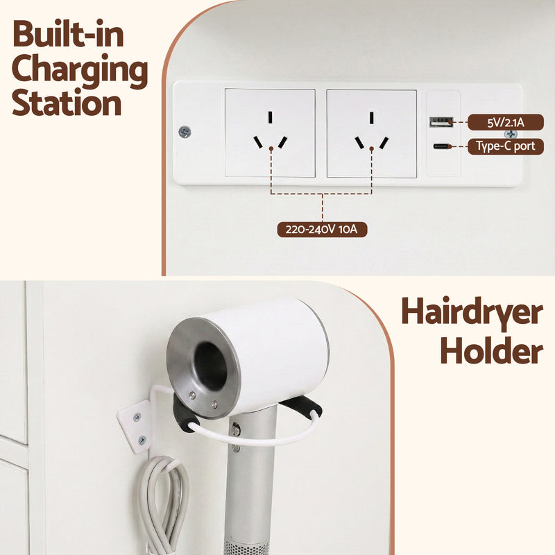 Dressing Table Vanity Desk Set Stool LED Bulbs White with built-in charging station and wall-mounted hairdryer holder