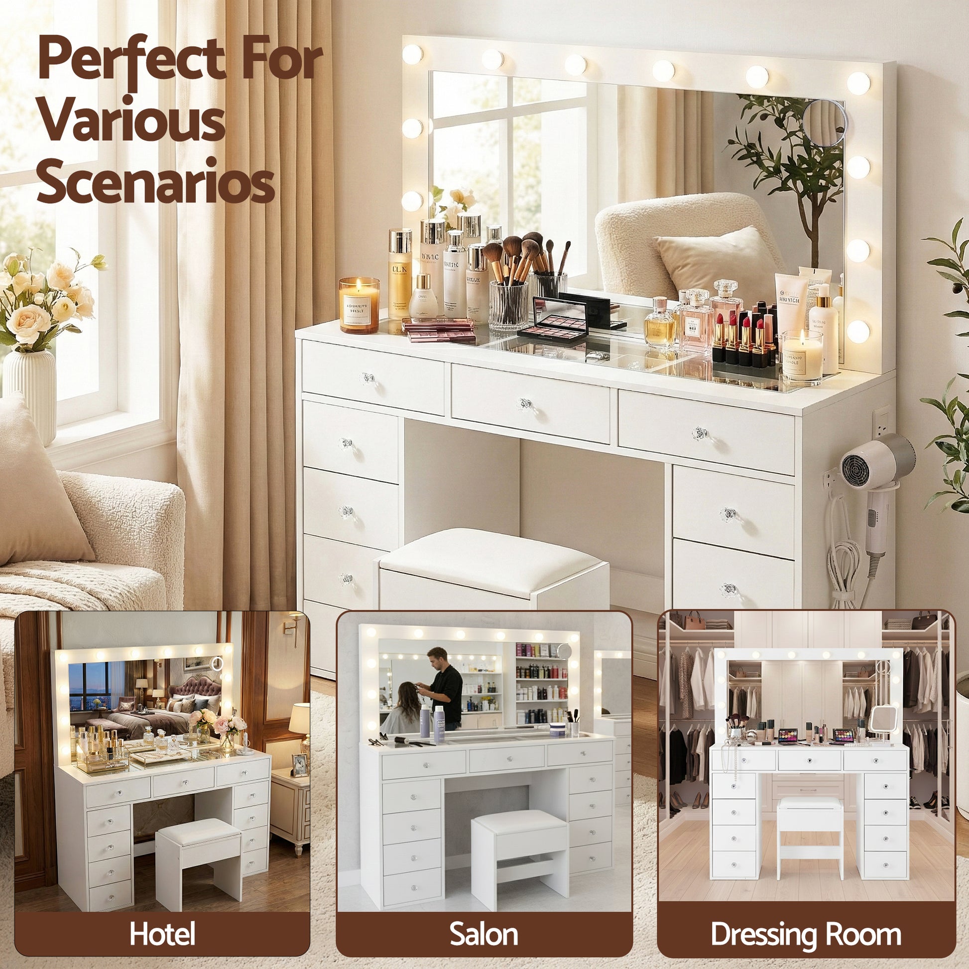 Dressing Table Vanity Desk Set Stool LED Bulbs White with Hollywood mirror, multiple drawers, and cushioned stool in bright room setting