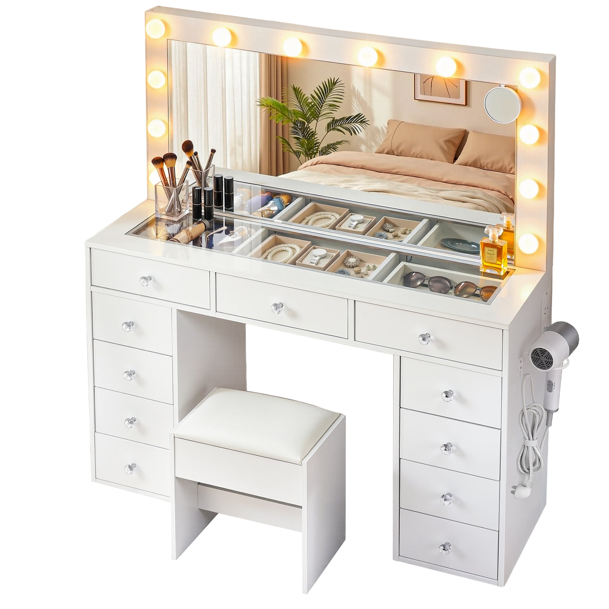 Dressing Table Vanity Desk Set Stool LED Bulbs White with multiple drawers, lighted mirror, and cushioned stool in bedroom setting