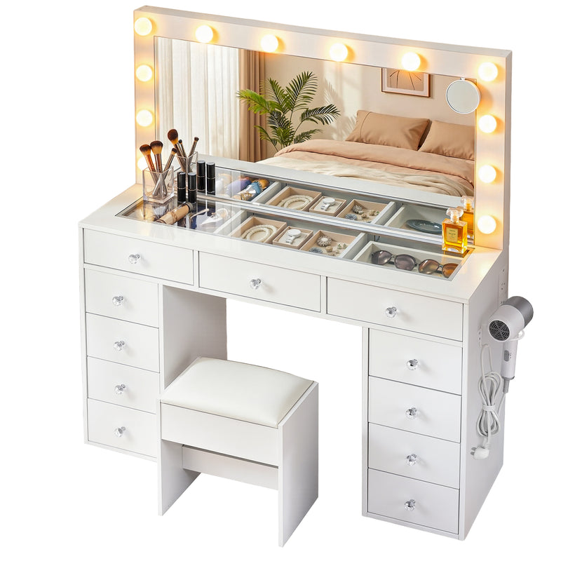 Dressing Table Vanity Desk Set Stool LED Bulbs White with multiple drawers, lighted mirror, and cushioned stool in bedroom setting