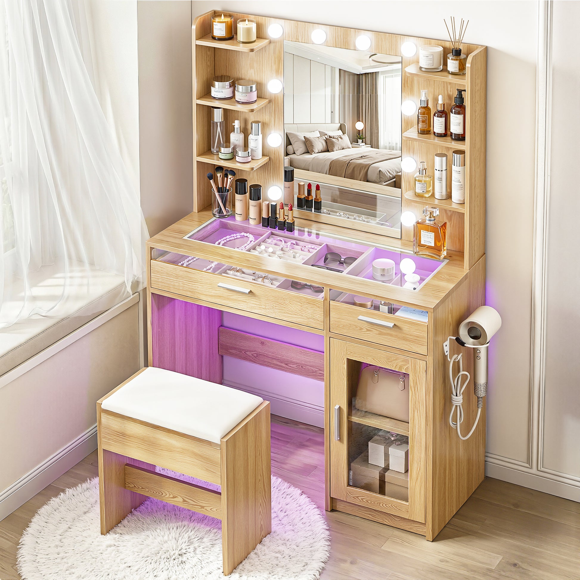 Dressing Table Vanity Desk Set 10 LED Bulbs RGB Light Wood with makeup mirror, storage compartments, and cushioned stool