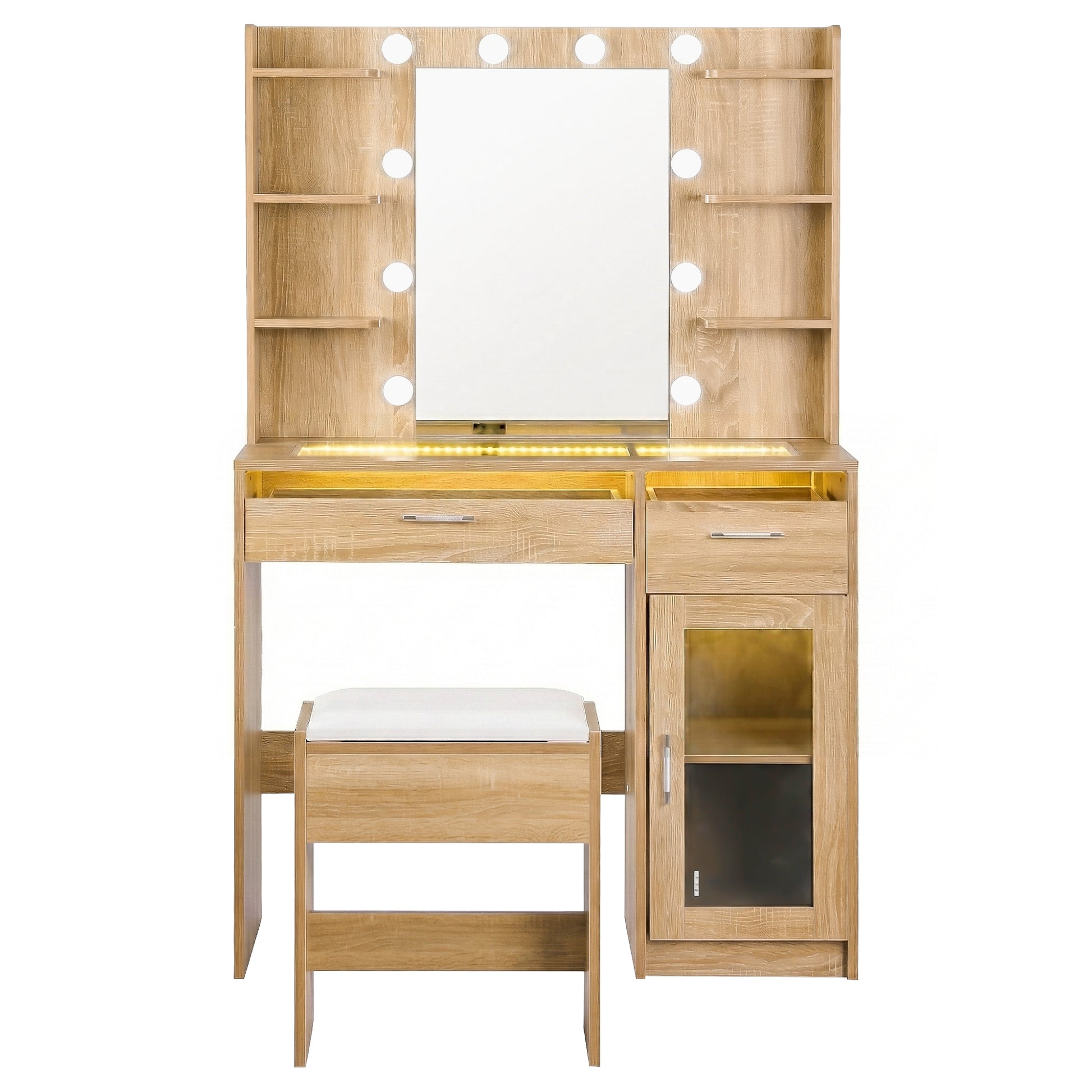 Dressing Table Vanity Desk Set 10 LED Bulbs RGB Light Wood with mirror, shelving, drawers, and cushioned stool