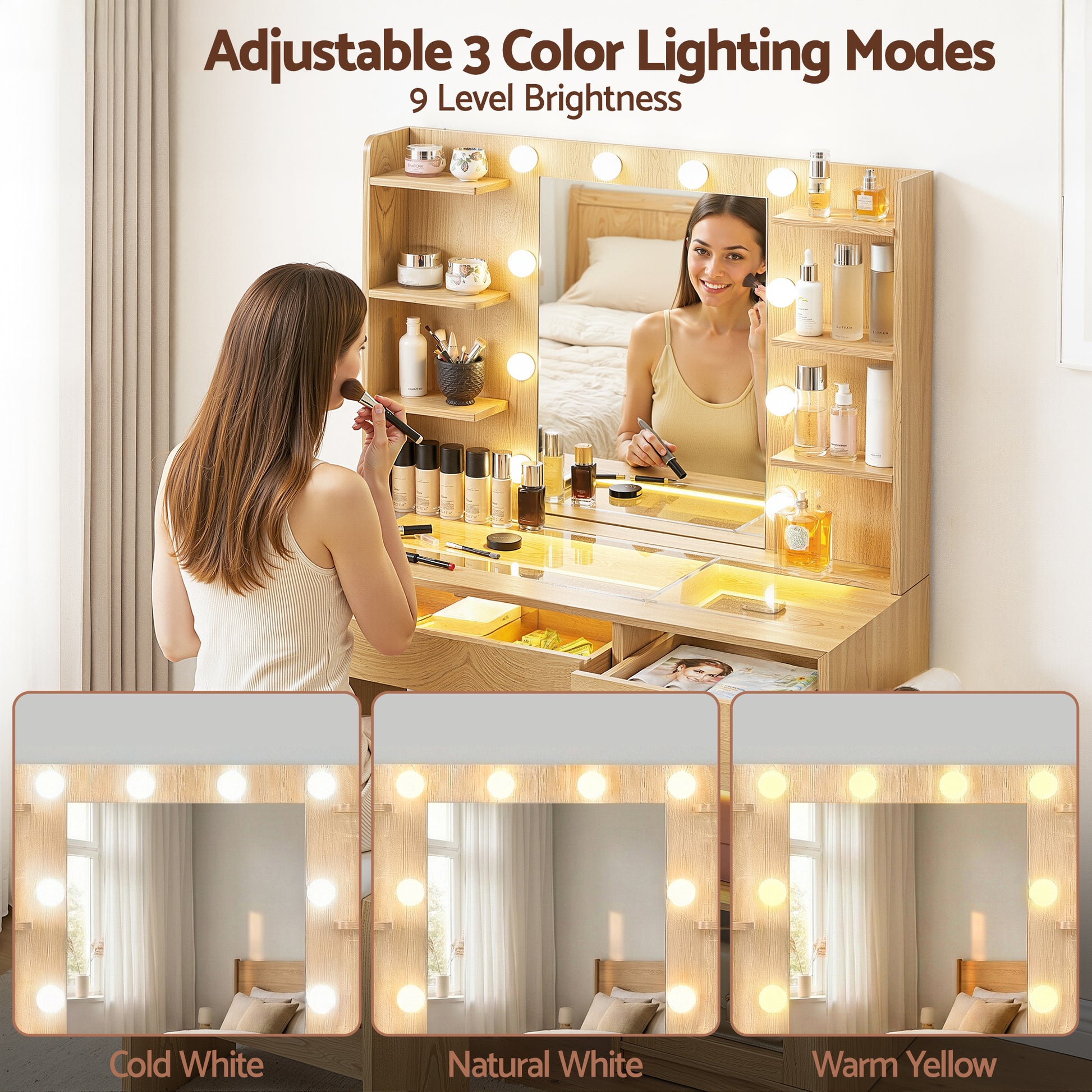 Dressing Table Vanity Desk Set 10 LED Bulbs RGB Light Wood with adjustable color lighting and makeup storage shelves