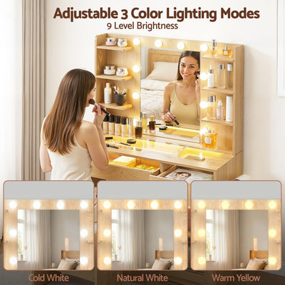 Dressing Table Vanity Desk Set 10 LED Bulbs RGB Light Wood with adjustable color lighting and makeup storage shelves