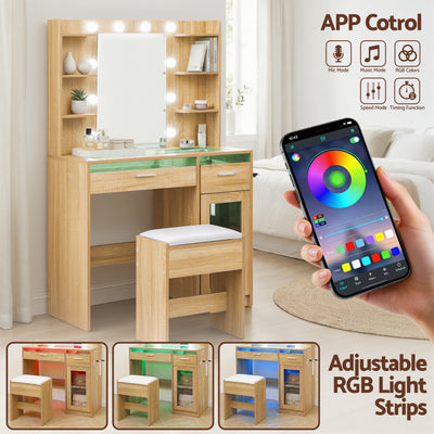 Dressing Table Vanity Desk Set 10 LED Bulbs RGB Light Wood with mirror, drawers, stool, and app-controlled RGB lighting