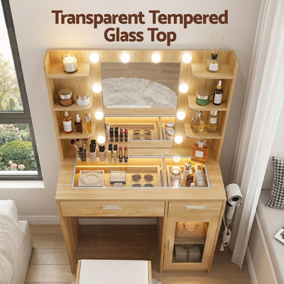 Dressing Table Vanity Desk Set 10 LED Bulbs RGB Light Wood with makeup mirror, storage shelves, and tempered glass top