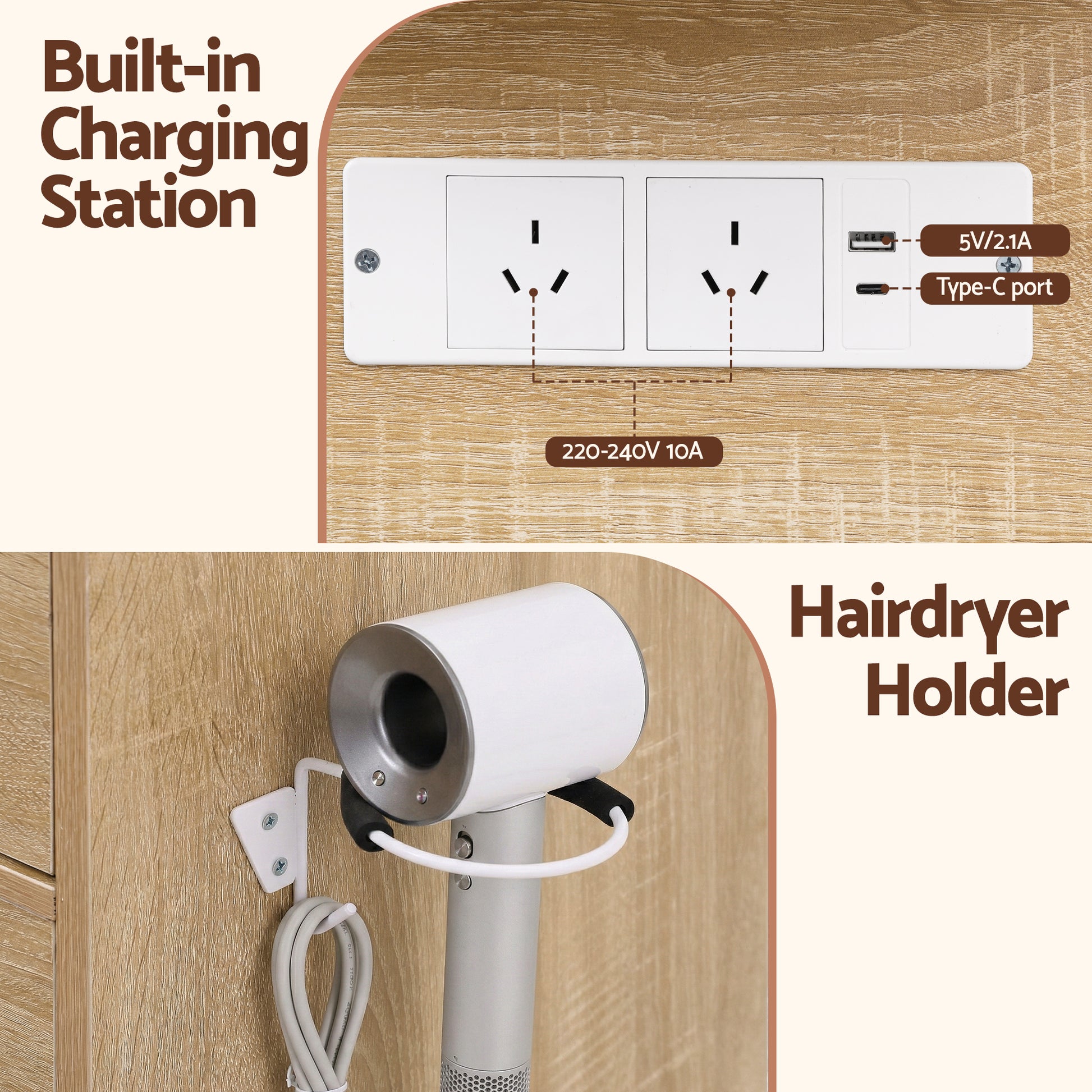 Dressing Table Vanity Desk Set 10 LED Bulbs RGB Light Wood with built-in charging station and hairdryer holder features