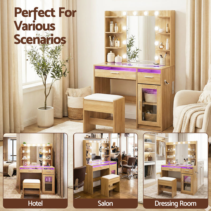 Dressing Table Vanity Desk Set 10 LED Bulbs RGB Light Wood with makeup mirror, drawers, stool in bedroom setting