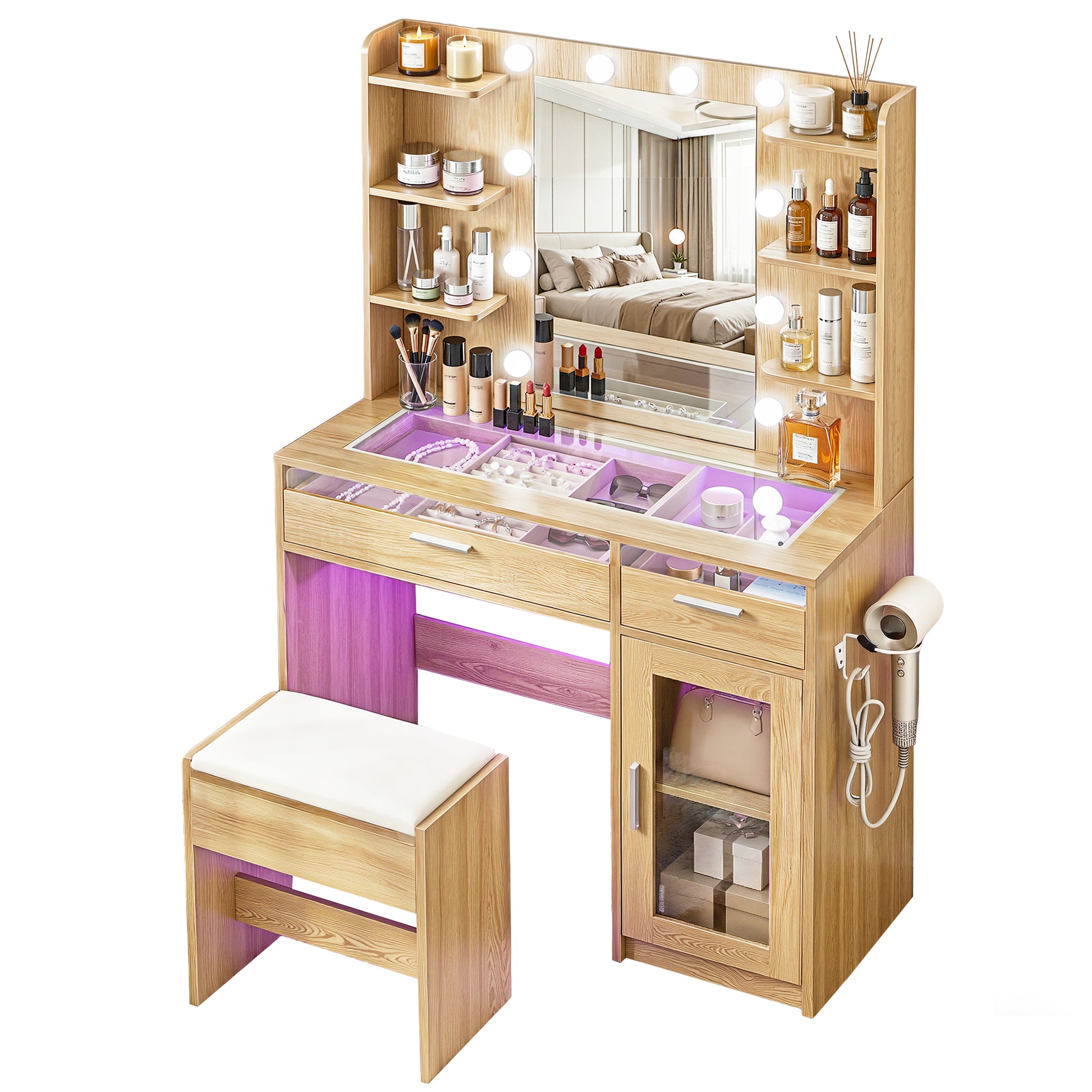 Dressing Table Vanity Desk Set 10 LED Bulbs RGB Light Wood with mirror, shelves, drawers, LED makeup lighting, and stool