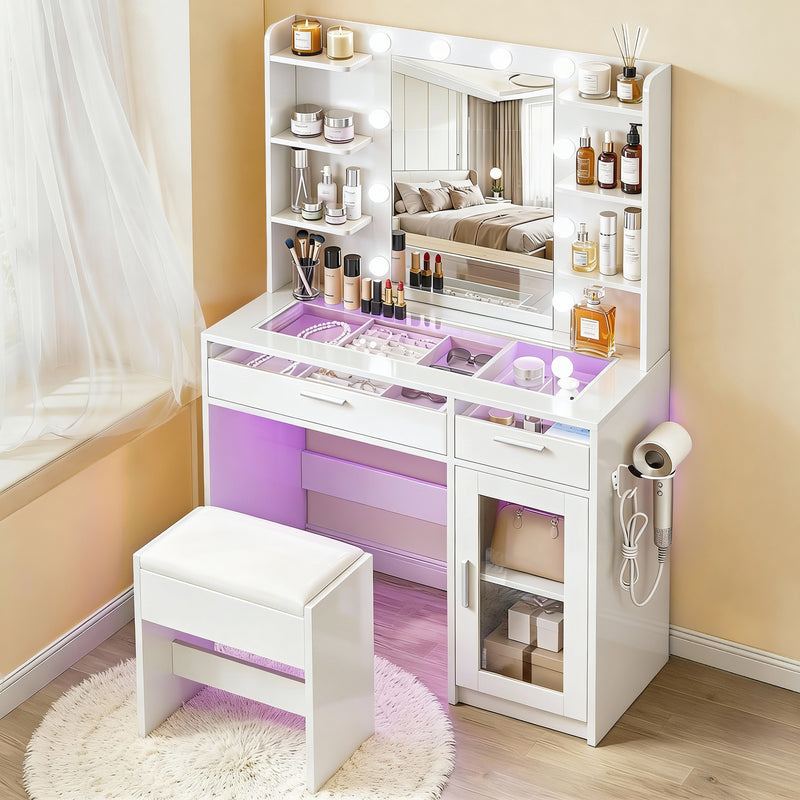 Dressing Table Vanity Desk Set 10 LED Bulbs RGB Light White with mirror, storage drawers, and cushioned stool in bedroom setting