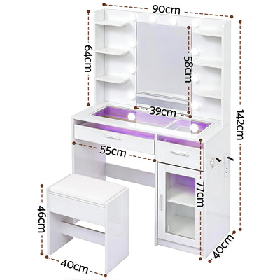 Dressing Table Vanity Desk Set 10 LED Bulbs RGB Light White with mirror, shelves, drawers, and matching stool