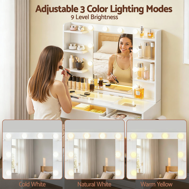 Dressing Table Vanity Desk Set 10 LED Bulbs RGB Light White with adjustable 3 color lighting modes and storage shelves
