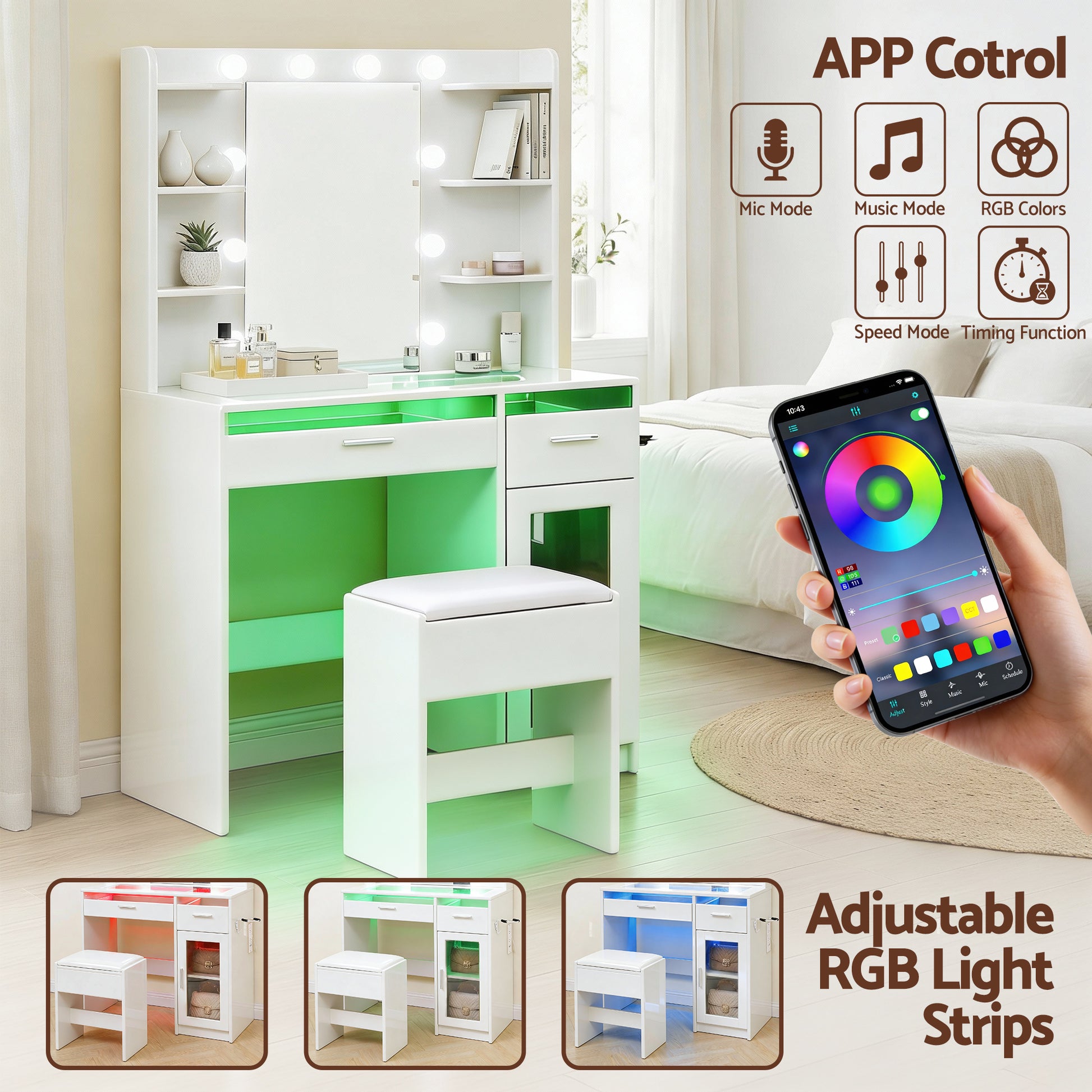 Dressing Table Vanity Desk Set 10 LED Bulbs RGB Light White with adjustable RGB light strips and app control shown with matching stool