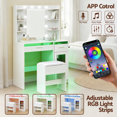 Dressing Table Vanity Desk Set 10 LED Bulbs RGB Light White with adjustable RGB light strips and app control shown with matching stool