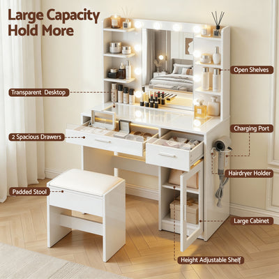 Dressing Table Vanity Desk Set 10 LED Bulbs RGB Light White with drawers, mirror, open shelves, and padded stool in bedroom setting