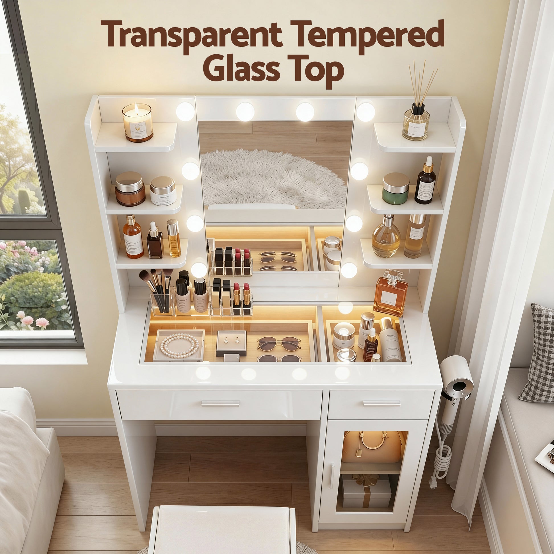Dressing Table Vanity Desk Set 10 LED Bulbs RGB Light White with mirror, transparent glass top, and storage shelves.