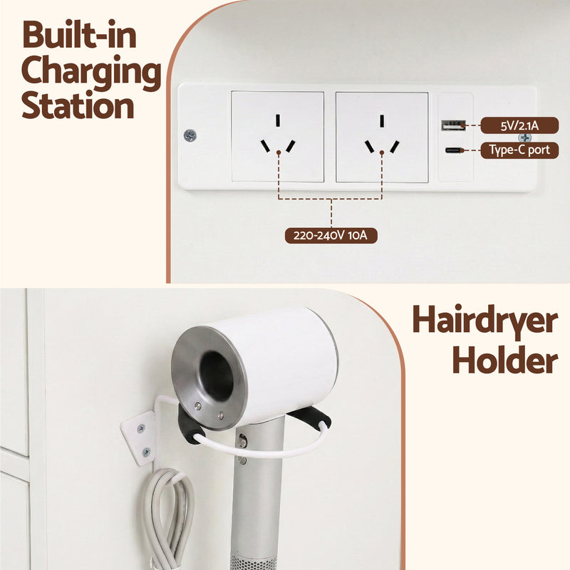 Dressing Table Vanity Desk Set 10 LED Bulbs RGB Light White with built-in charging station and hairdryer holder features