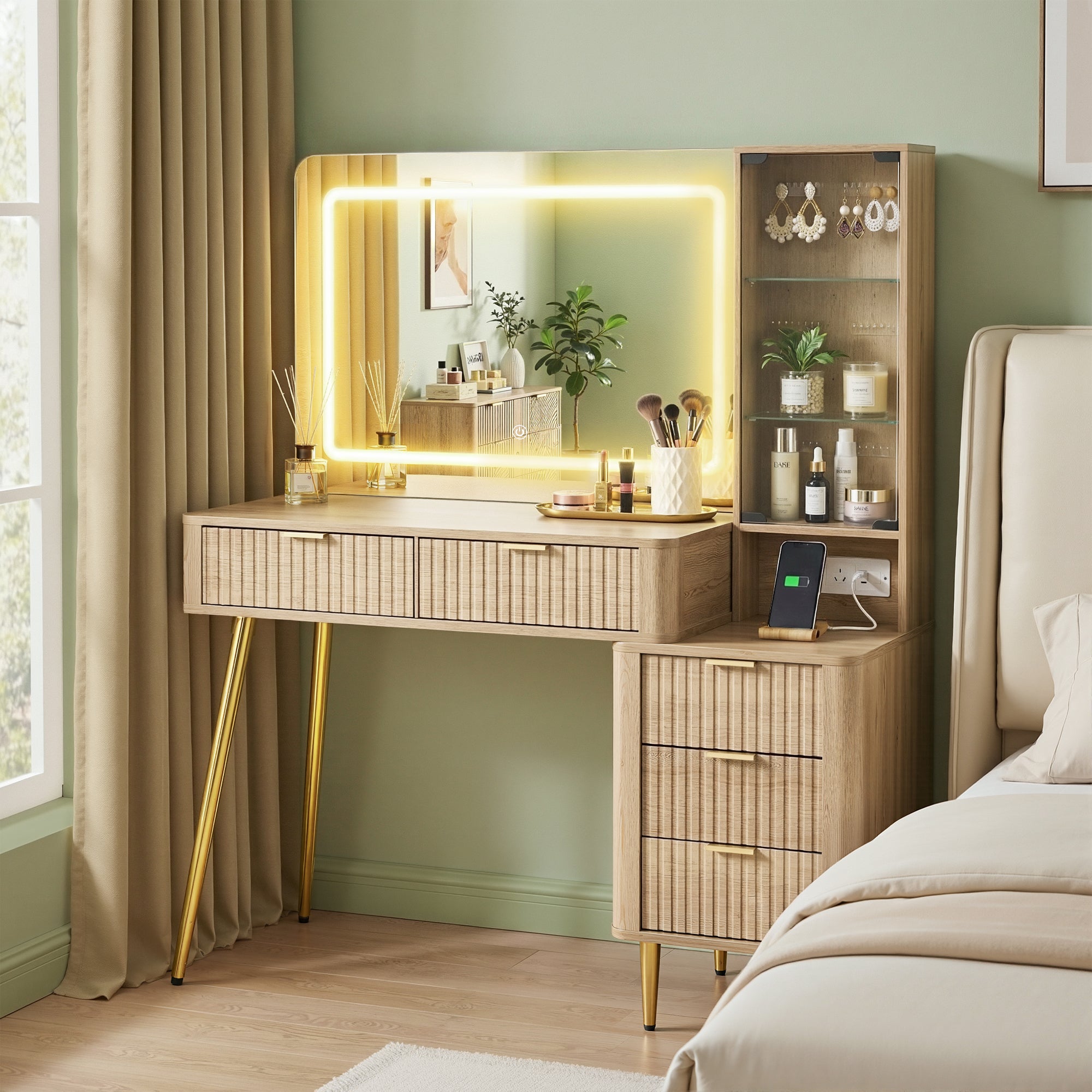 Dressing Table LED Vanity Desk Charging Station Wood with illuminated makeup mirror and gold-accented legs in bedroom setting