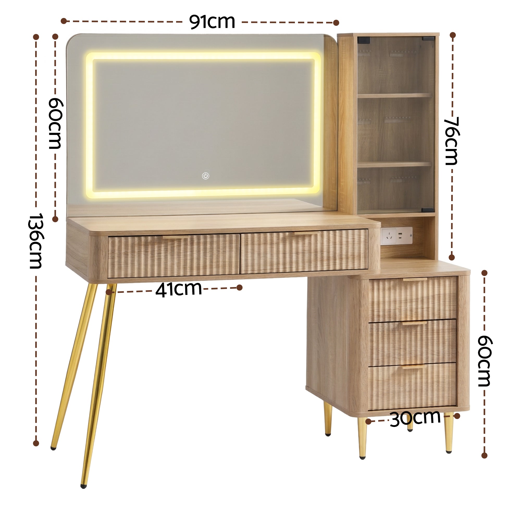Dressing Table LED Vanity Desk Charging Station Wood with illuminated mirror, drawers, and gold-toned legs on white background