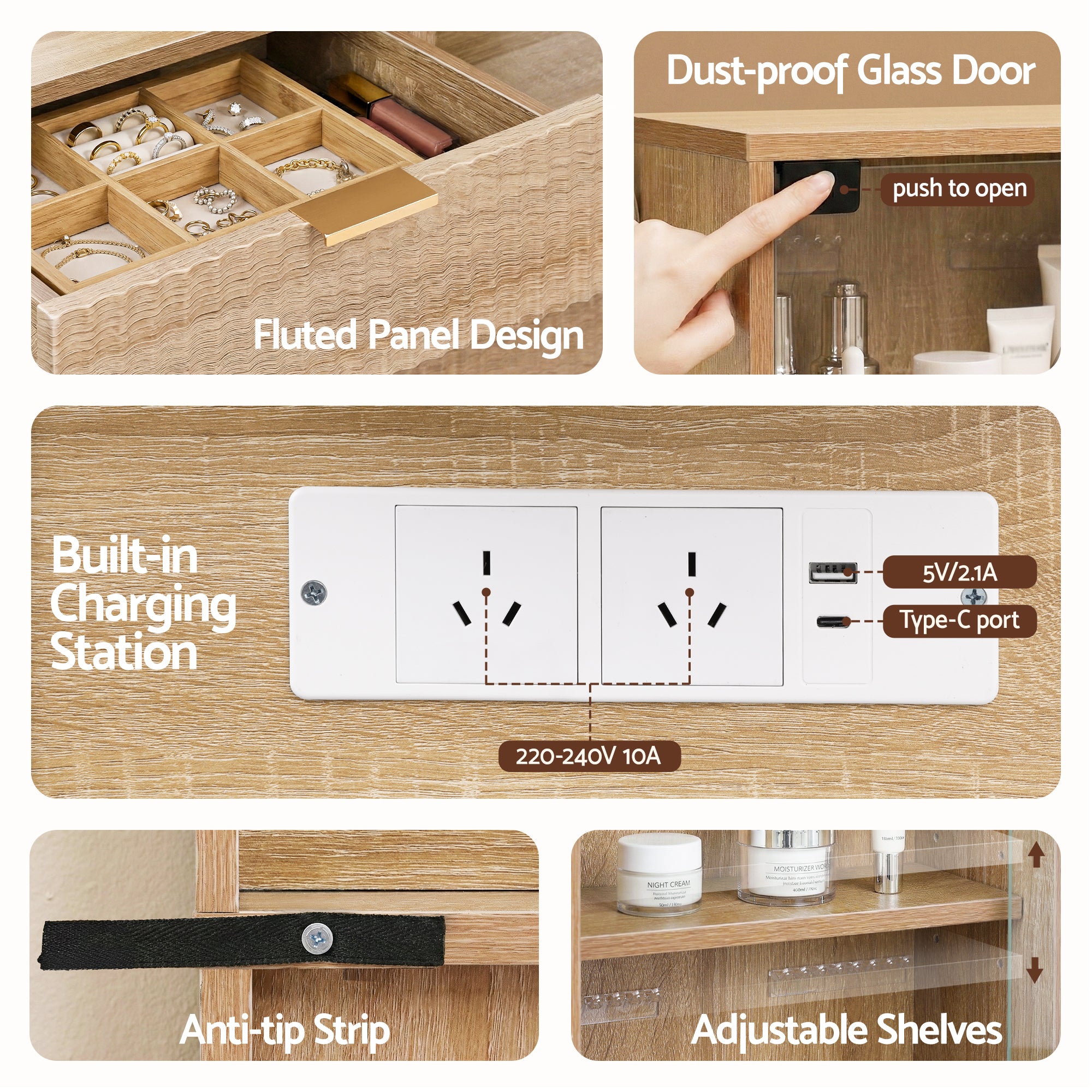 Details of Dressing Table LED Vanity Desk Charging Station Wood showing built-in charging ports, fluted drawer, dust-proof glass door, and adjustable shelves