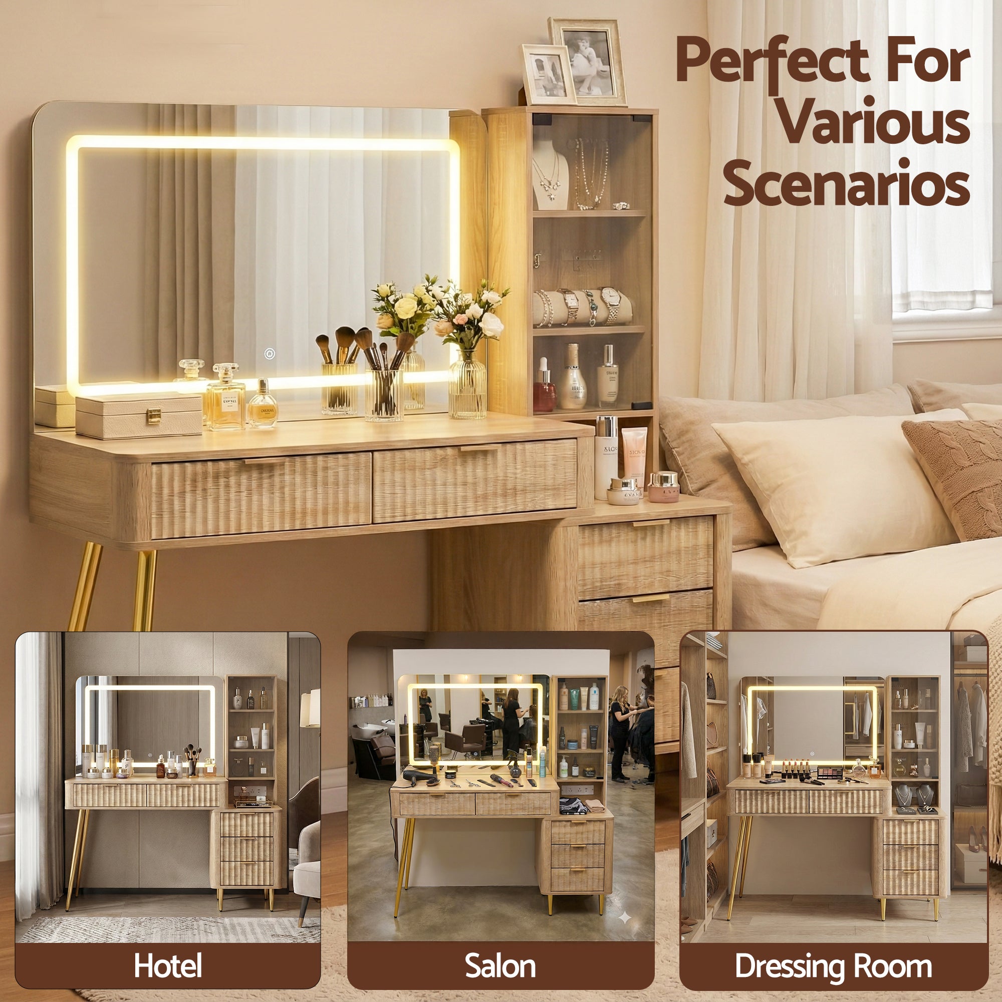 Dressing Table LED Vanity Desk Charging Station Wood with illuminated mirror, storage drawers, and gold-tone legs in stylish room settings