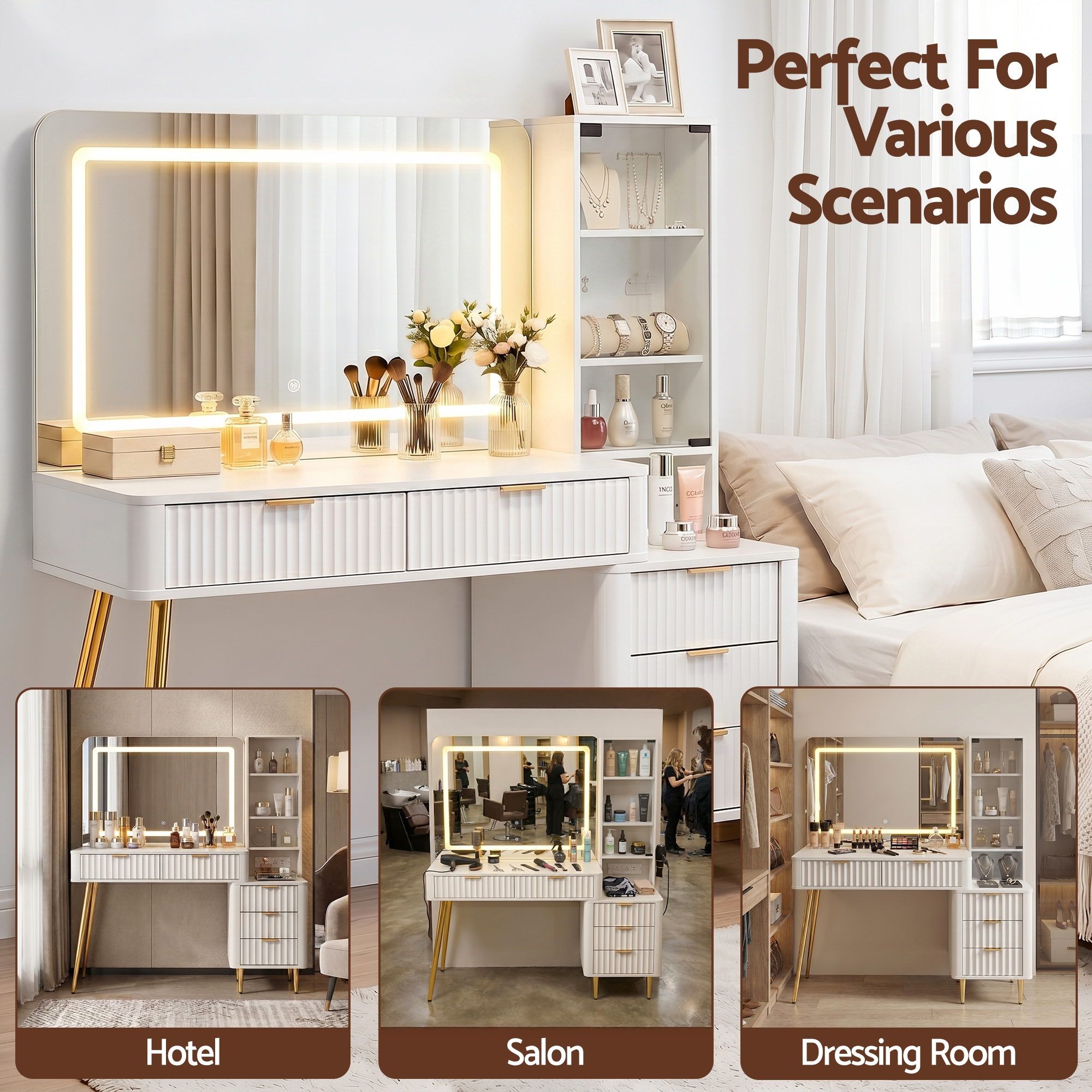 LED Dressing Table Vanity Desk with Charging Station - White