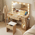Dressing Table Vanity Desk Set with LED RGB Bulbs and Storage - Wood