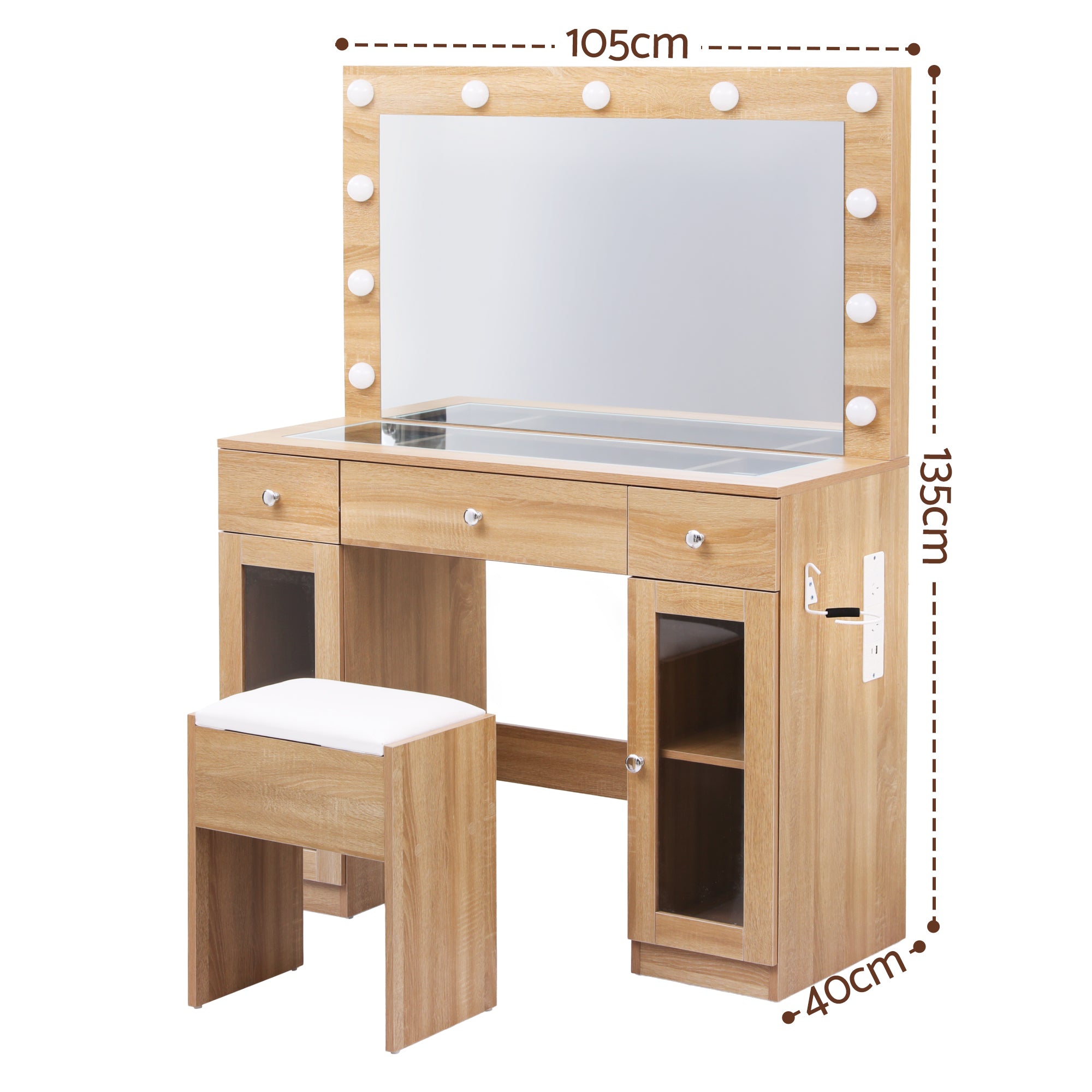 Dressing Table Vanity Desk Set with LED RGB Bulbs and Storage - Wood