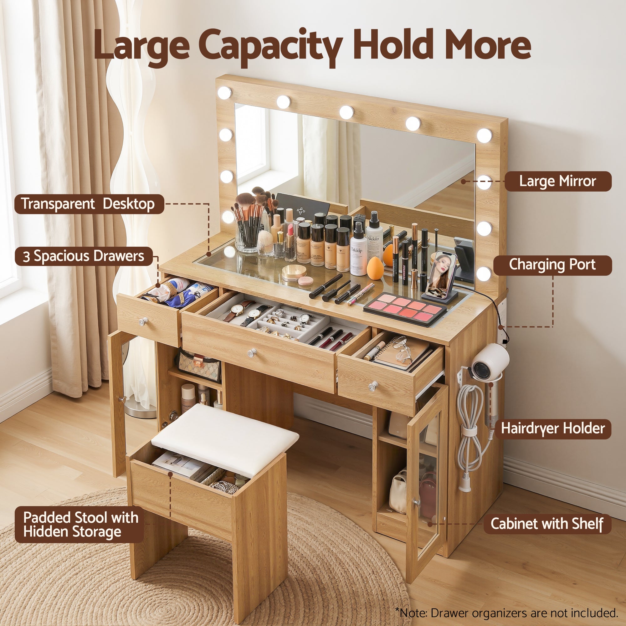 Dressing Table Vanity Desk Set with LED RGB Bulbs and Storage - Wood