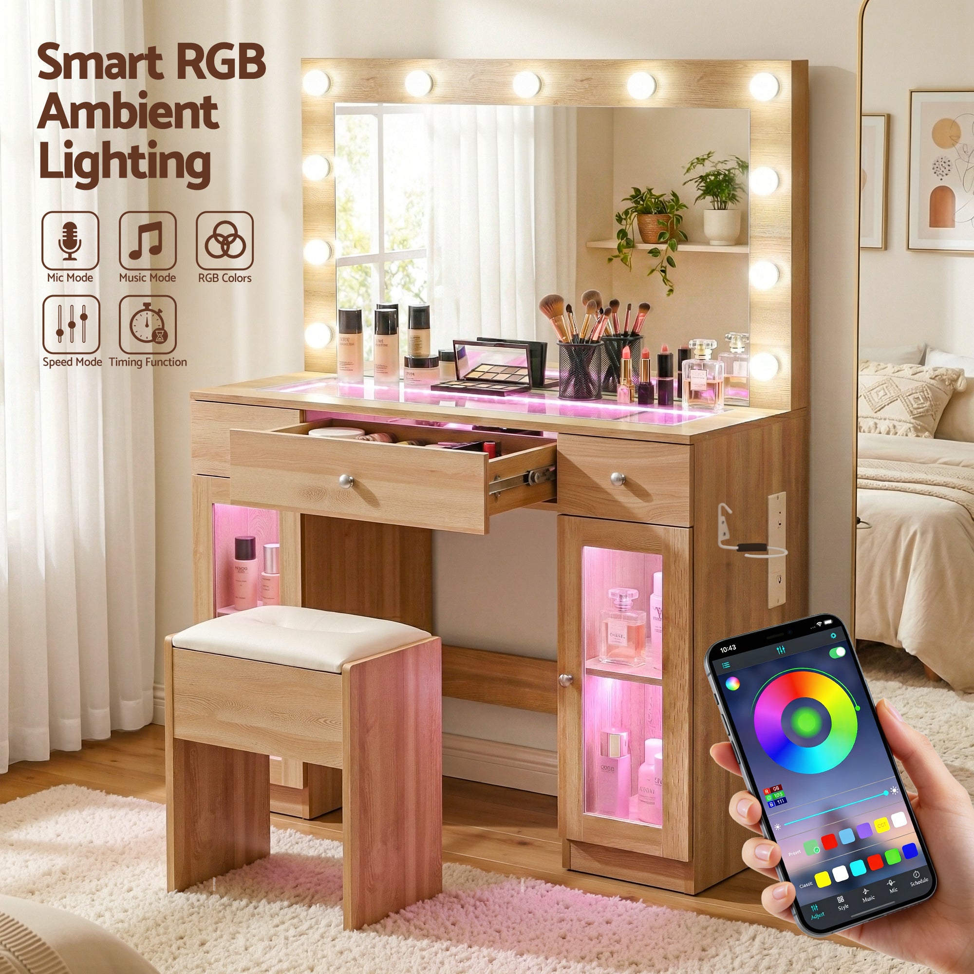 Dressing Table Vanity Desk Set with LED RGB Bulbs and Storage - Wood