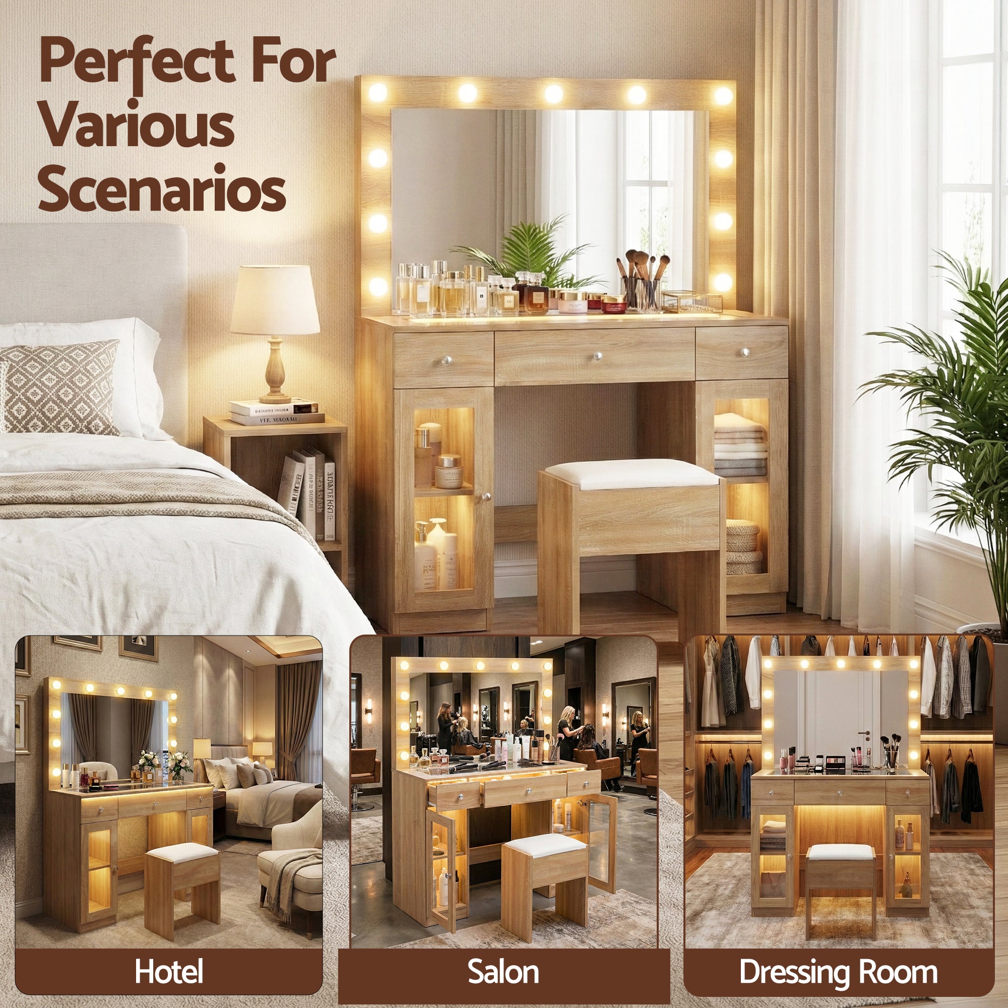 Dressing Table Vanity Desk Set with LED RGB Bulbs and Storage - Wood