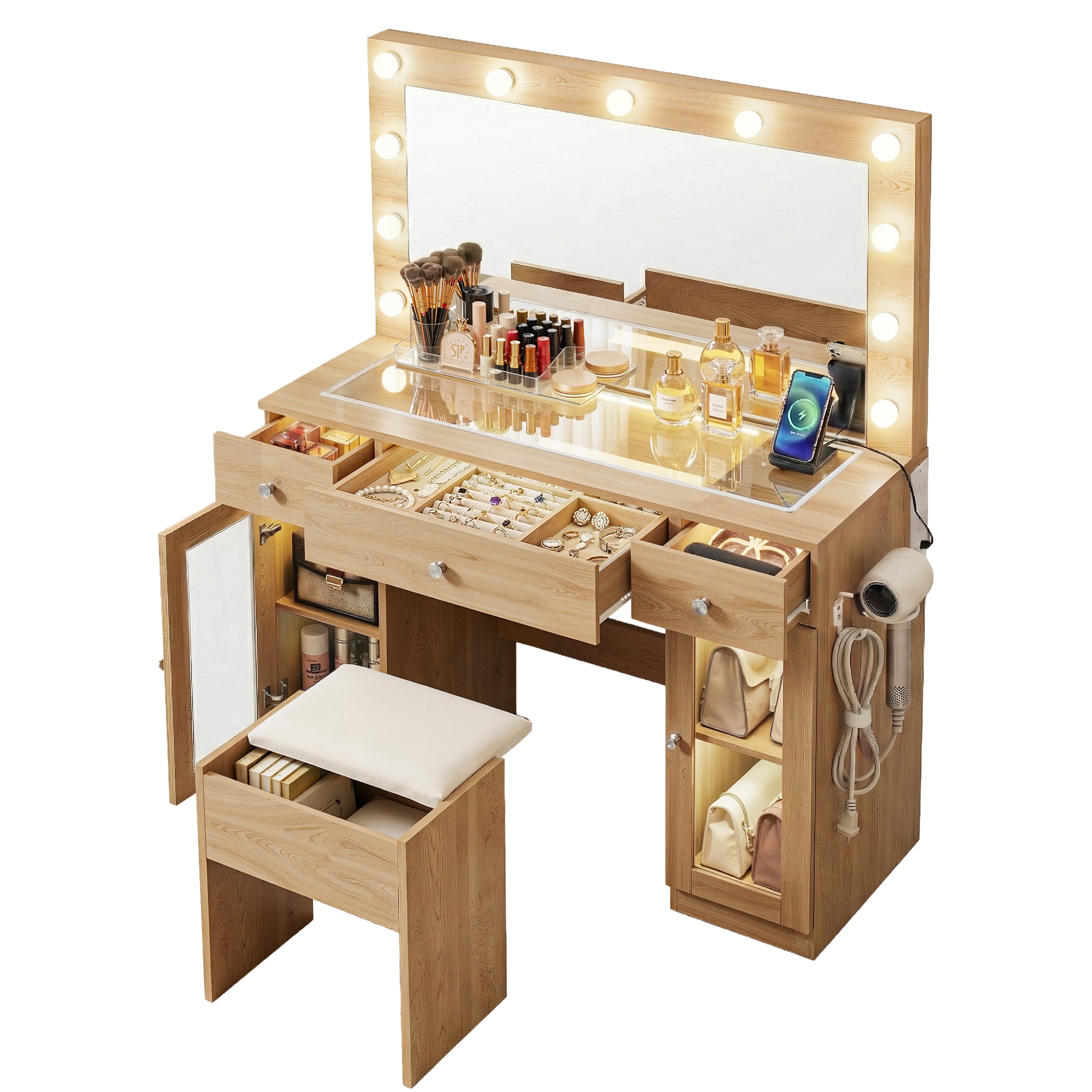 Dressing Table Vanity Desk Set with LED RGB Bulbs and Storage - Wood