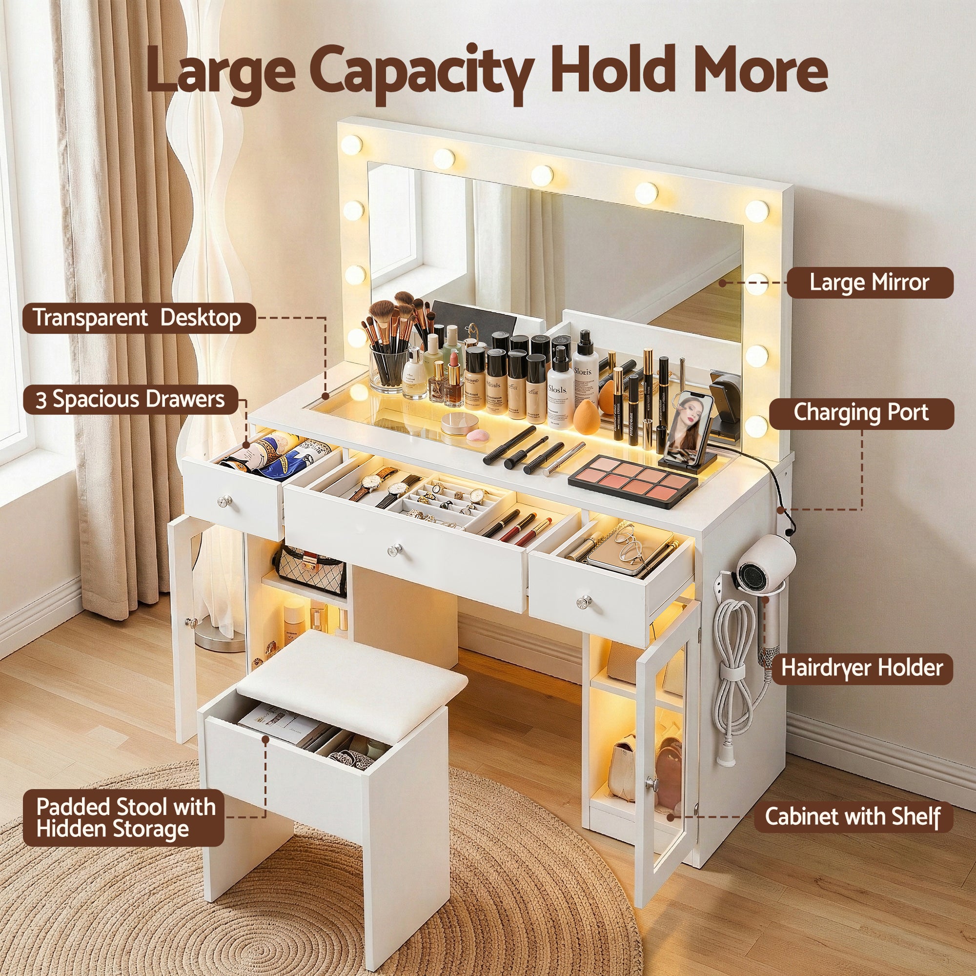 Dressing Table Vanity Desk Set with LED Bulbs and RGB Lighting - White