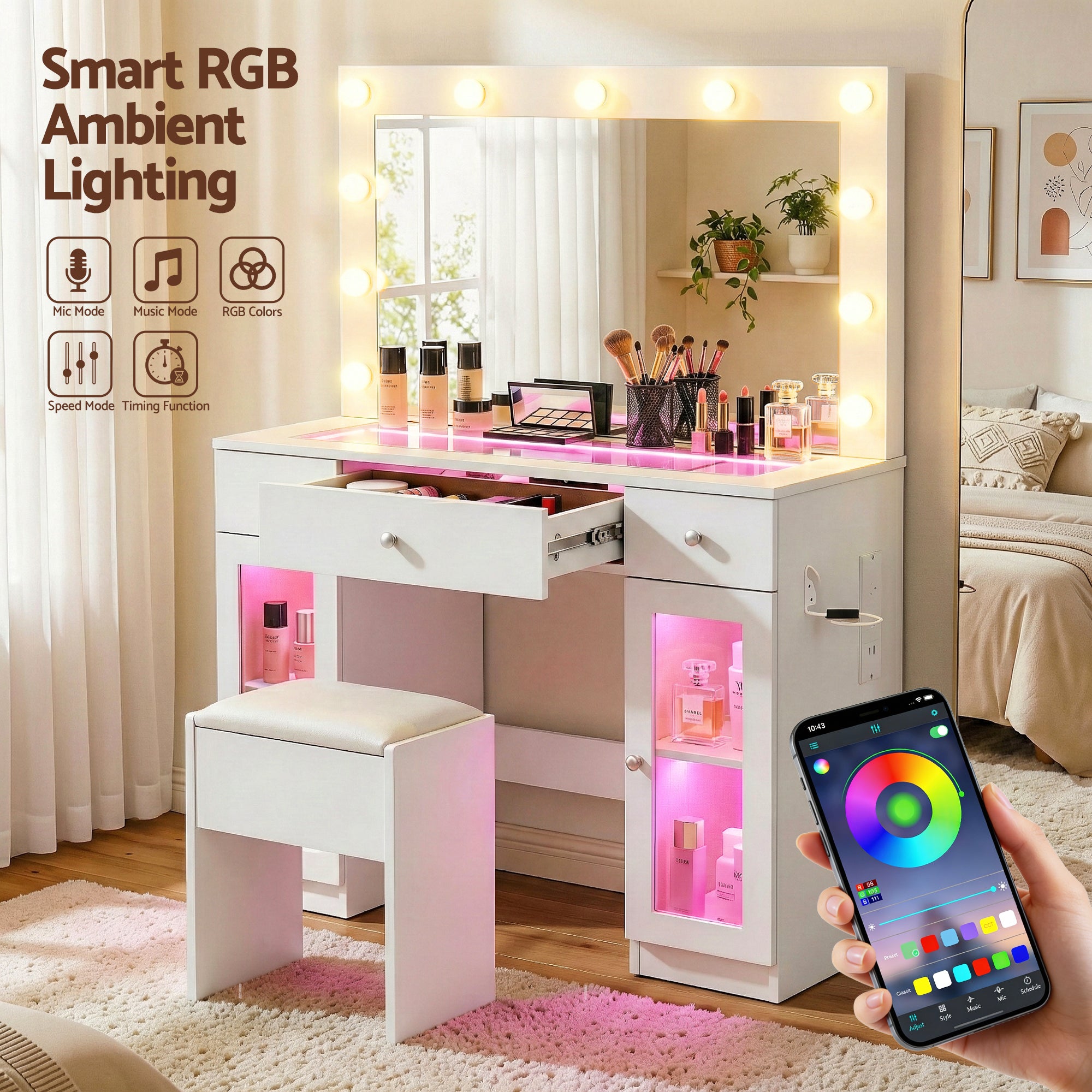 Dressing Table Vanity Desk Set with LED Bulbs and RGB Lighting - White