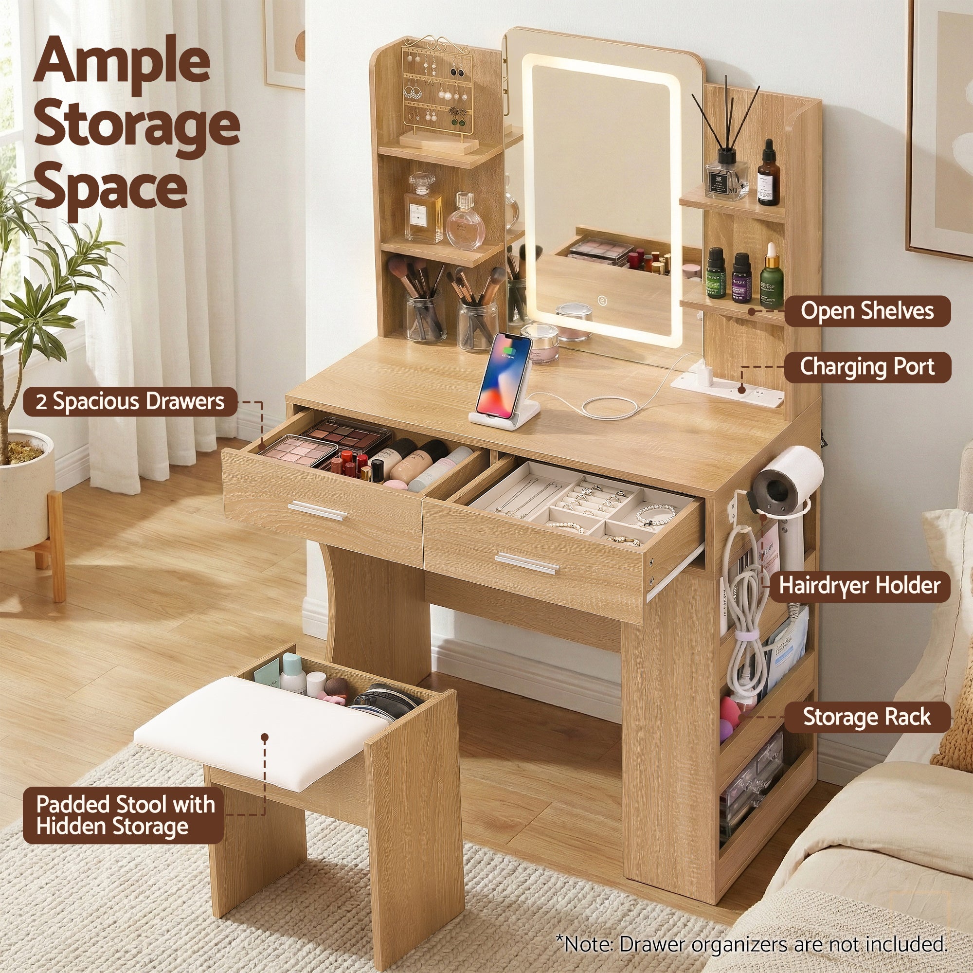 Dressing Table LED Vanity Desk Set with Stool and Charging Station - Wood