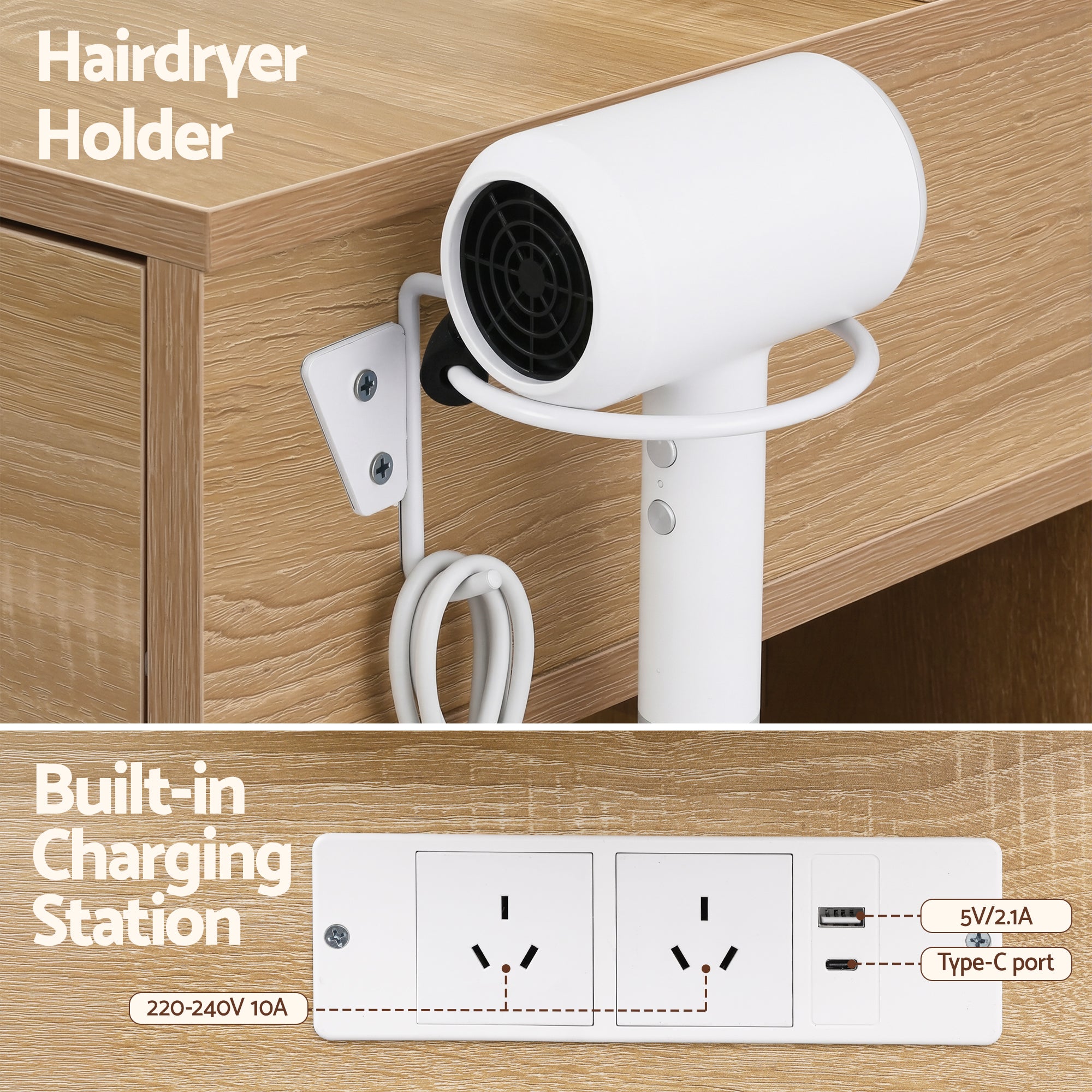 Dressing Table LED Vanity Desk Set with Stool and Charging Station - Wood