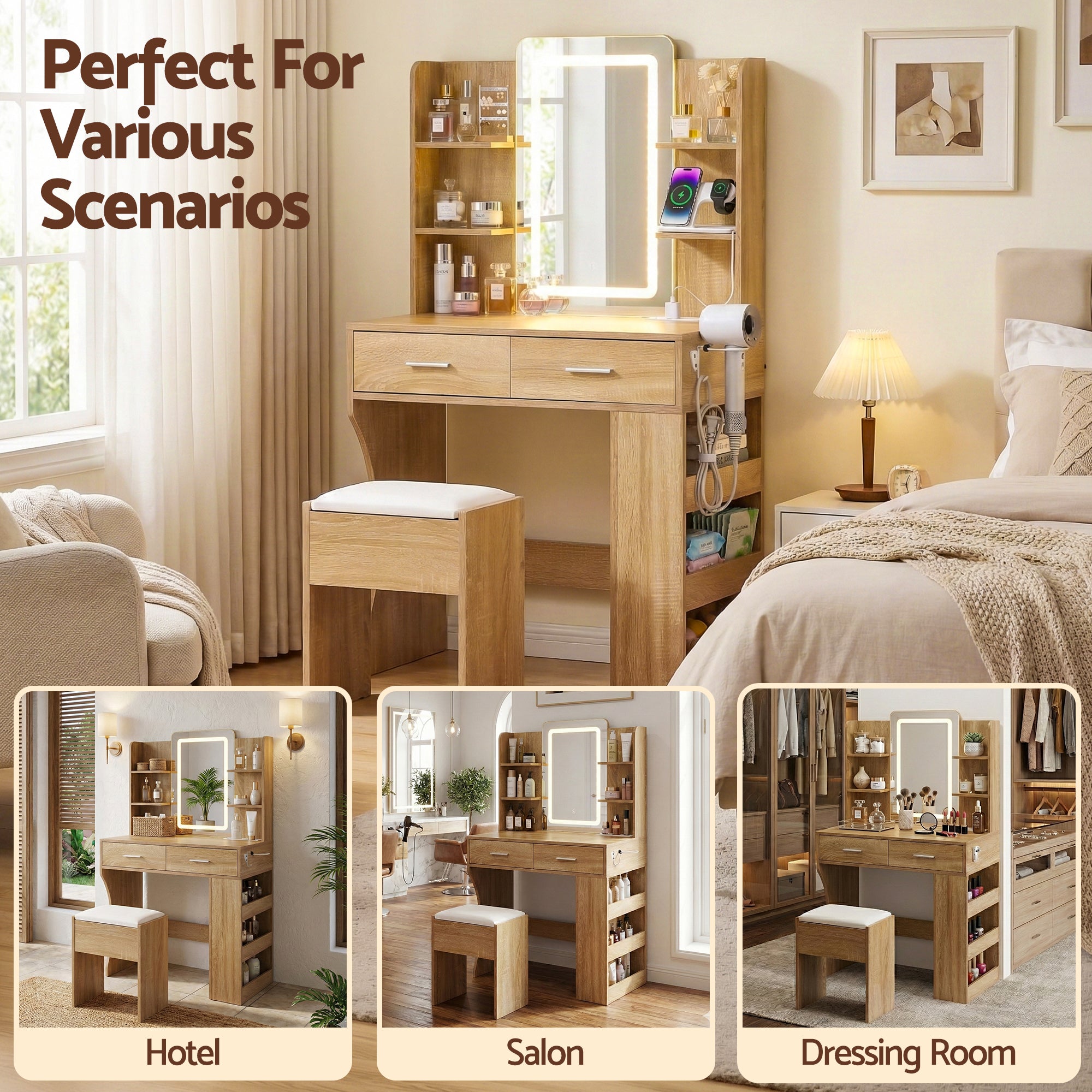 Dressing Table LED Vanity Desk Set with Stool and Charging Station - Wood