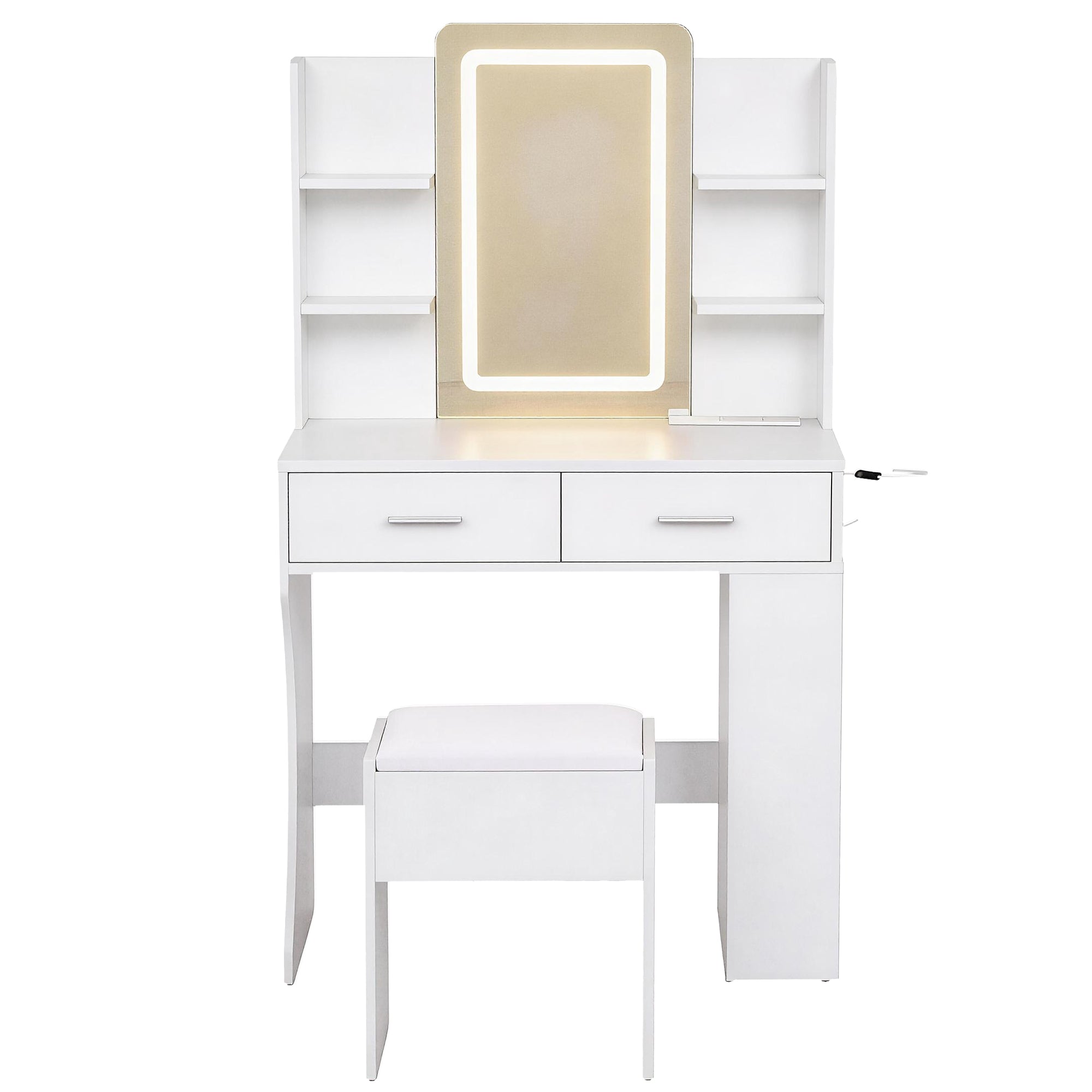 LED Dressing Table Vanity Desk Set with Stool and Charging Station - White