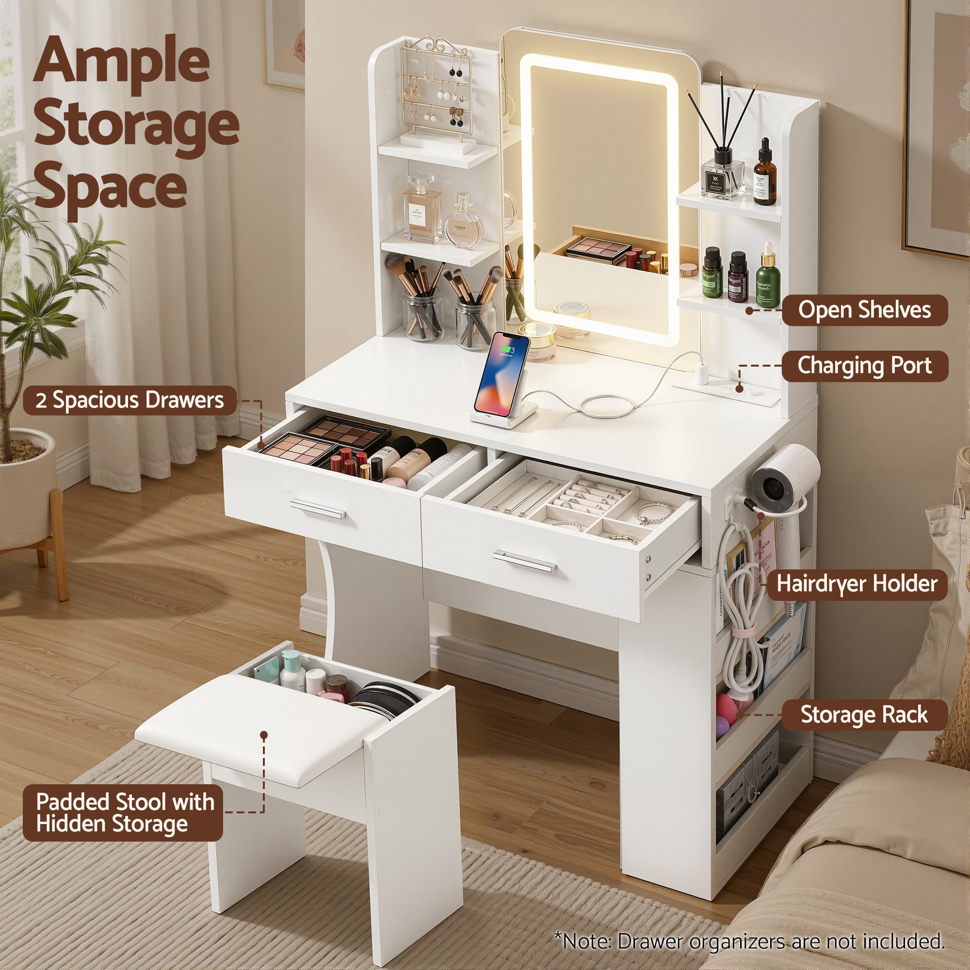LED Dressing Table Vanity Desk Set with Stool and Charging Station - White