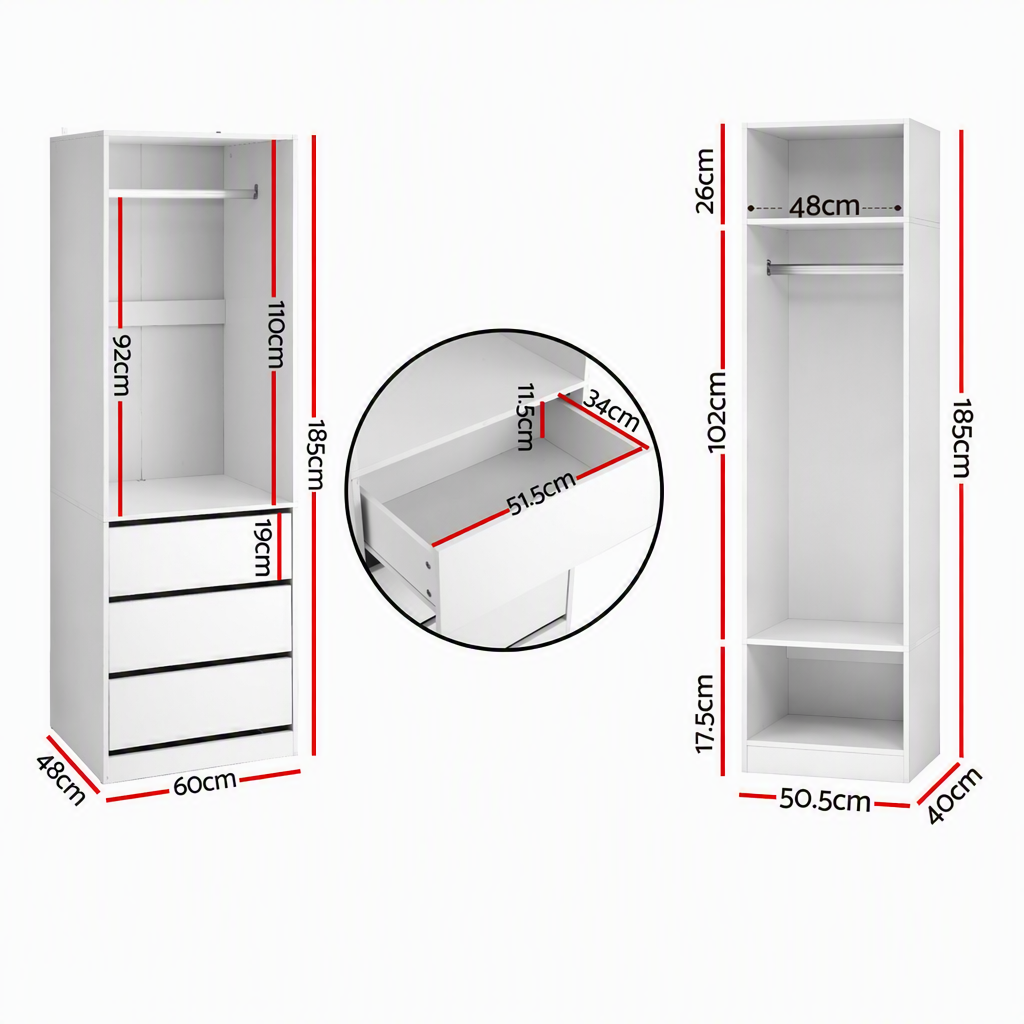 2X Wardrobe Clothes Closet Storage Organiser with Drawers and Shelves - White