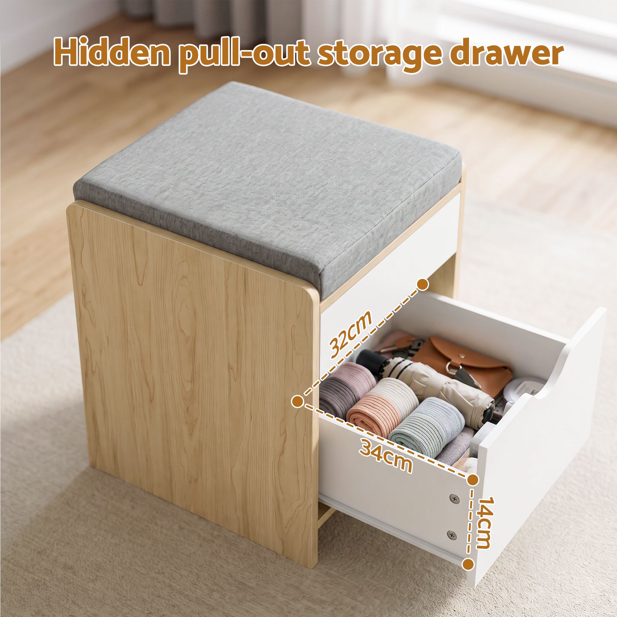 Storage Ottoman with Drawer 100kg Capacity Footrest Cushion - Pine